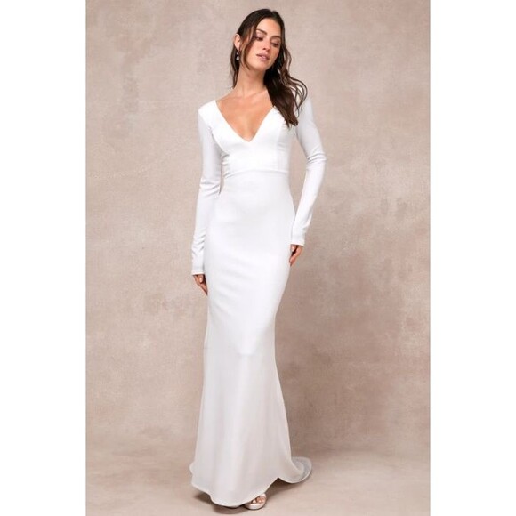 Lulus White Backless Long Sleeve Ruched Wedding Dress Extra Large V Neck NWT - Picture 1 of 8